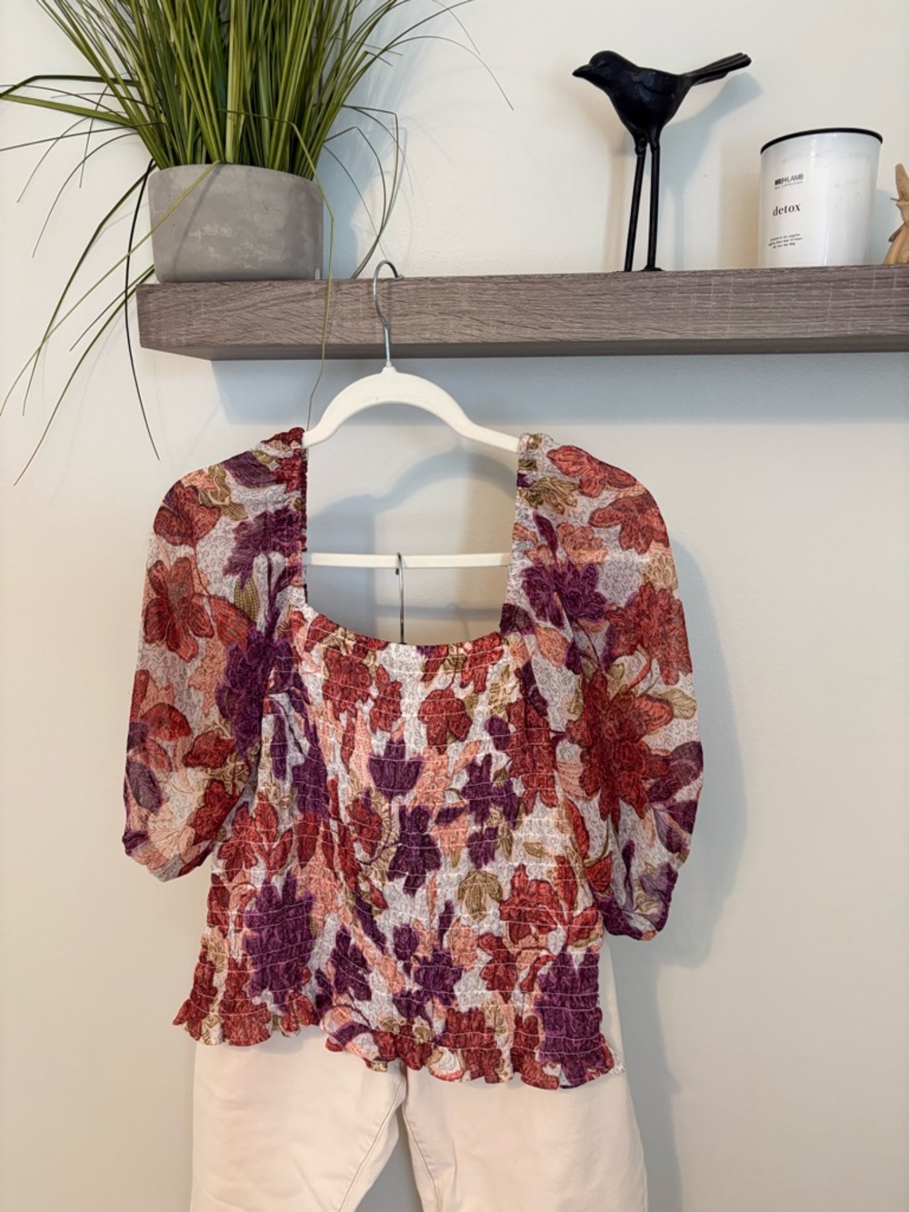 Floral Smocked Puff-Sleeve Top in Burgundy & Purple La